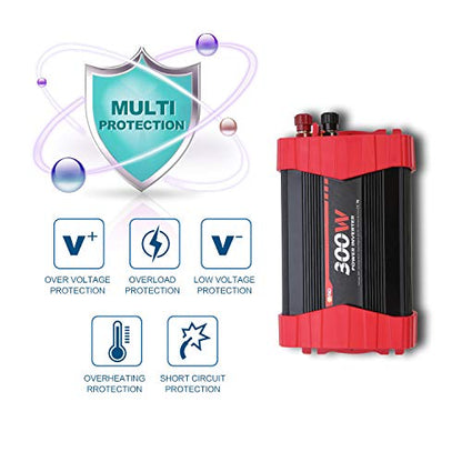 BYGD 300W Car Power Inverter, DC 12V to 110V AC Vehicle Plug Adapter Converter with 4 USB Quick Charging Ports and Dual AC Outlets Car Charger Equipped Cigarette Lighter Cable and Battery Clamps Red - size: 300W