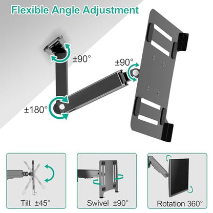 UPGRAVITY Laptop Wall Mount, 2-in-1 Gas Spring Wall Holder with Vented Tray for 12"-17" Notebook/13-32 Computer Screen, Full Motion Adjustable Wall Mount Laptop Stand Holds 3.3-17.6lbs