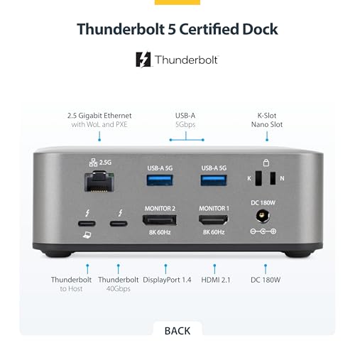 StarTech Thunderbolt 5 USB4 Dock, Dual 8K 60Hz, Triple 4K, 140W, 2.5GbE | Plug-and-play Windows 11 and macOS, Thunderbolt 5 Certified, Dual 6K on Mac, 120Gbps transfer, SD 4.0, 30W phone, USB 10Gbps