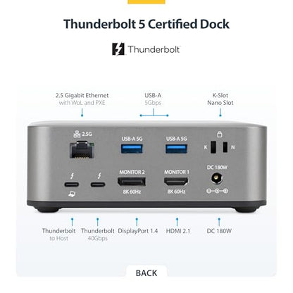 StarTech Thunderbolt 5 USB4 Dock, Dual 8K 60Hz, Triple 4K, 140W, 2.5GbE | Plug-and-play Windows 11 and macOS, Thunderbolt 5 Certified, Dual 6K on Mac, 120Gbps transfer, SD 4.0, 30W phone, USB 10Gbps