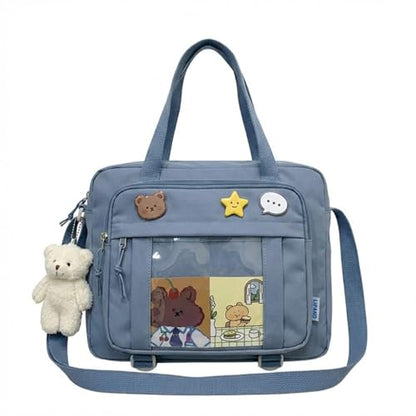 Kawaii Crossbody Ita Bag for Women with Pin & Plush Bear - Japanese Messenger Bags Y2K Shoulder Purse - color: B Pro Blue (Fits 13.4" Laptop)