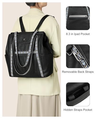 Large Laptop Tote Bag for Women Designer Leather Laptop Bag, 15.6in | Fashion Travel Backpack Purse Shoulder Handbag Fits 15.6 Laptop, Daily, Work, Business Trip, Weekend Travel, Teacher - color: Black Retro Style