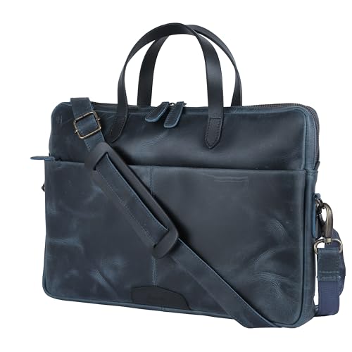 KomalC Leather Laptop Sleeve 15.5" with Trolley Strap, Fits up to 16" Laptop, Slim Office Bag with Shoulder Strap - color: Blue