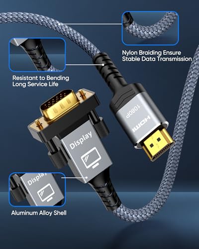 Capshi 6FT HDMI to VGA Male Adapter 1080P | Uni-Directional Only for Laptop, PC, Monitor and Projector[Aluminum Shell, Nylon Braided] - size: 6feet
