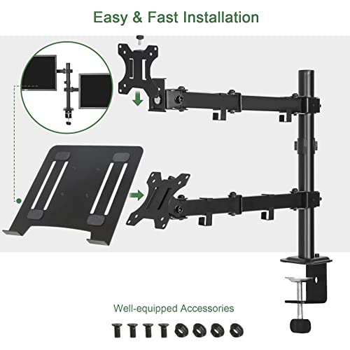 UPGRAVITY Monitor and Laptop Mount, Monitor Arm with Vented Tray for 13" to 27" LCD Computer Screens and Notebook up to 17 inch, Fully Adjustable Laptop Mount Stand Holds up to 17.6lbs