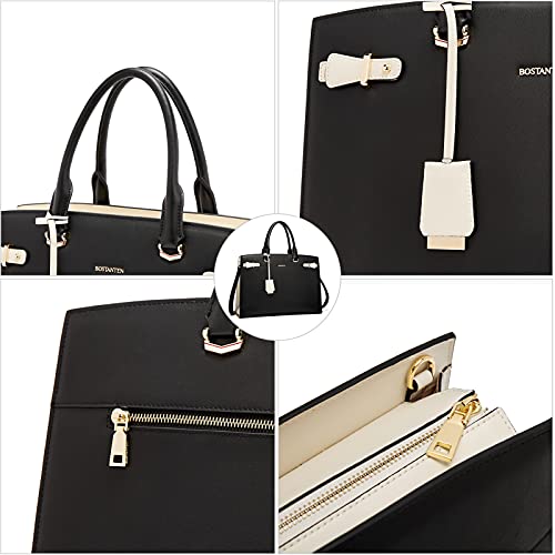 BOSTANTEN Genuine Leather Briefcase for Women 15.6'' Laptop Work Tote Bag | Laptop Compartment, Spacious Interior, Structured, Professional Style, Detachable Shoulder Strap, Office, Business, Commute - color: B-black