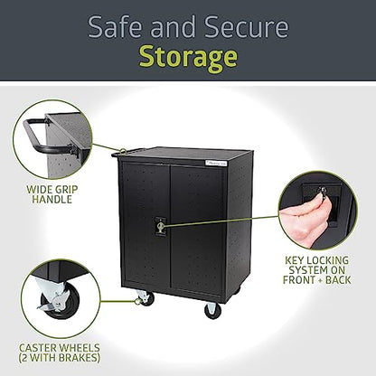 Pearington 32 Device Mobile Charging and Storage Cart for iPads, Chromebooks and Laptop Computers, Up to 13-inch Screen Size, Surge Protection, Front & Back Access Locking Cabinet - size: No Cord Management