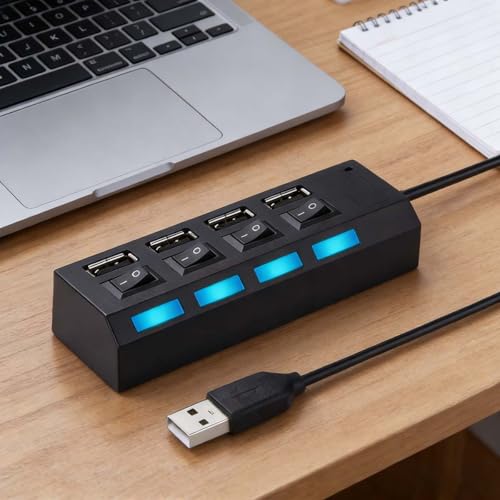 4-Port USB Hub 3.0,USB Hub Splitter with Individual On/Off Switches and Lights Compatible with Laptop,PC,Flash Drive,Mobile HDD
