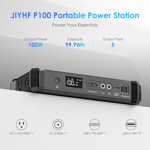 JIYHF Portable Power Bank with AC Outlet - 99.9Wh Backup Battery, 100W AC & 65W USB-C PD Fast Charging Ideal for Outdoor Work, Compatible with iPhone16/15 Series, iPad, MacBook, Laptop - style: P100 Black