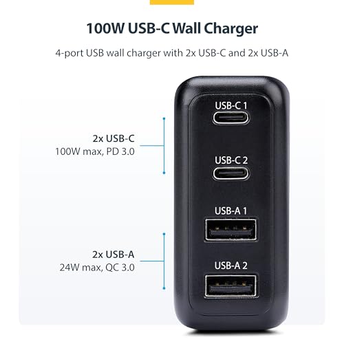 StarTech 100W GaN USB-C Wall Charger, Power Adapter for MacBook Pro/Air | Dell XPS, iPhone 15/Pro, iPad Pro, 2x USB-C/2x USB-A, Fast Charging Portable GaN Charger