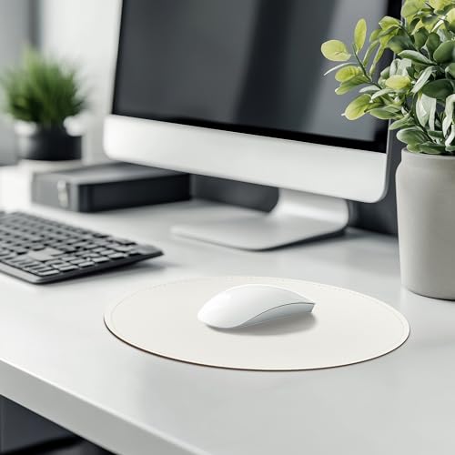 Mouse Pad，Round Mouse Pad，PU Mouse Pad，Leather Mouse Pad with Stitched Edge Micro-Fiber Base with Non-Slip Waterproof，Mouse Pad for Computers，Laptop，9 x 9 Inch (Lily White) - color: Lily white, size: 9L x 9W inches