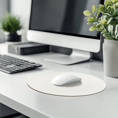 Mouse Pad，Round Mouse Pad，PU Mouse Pad，Leather Mouse Pad with Stitched Edge Micro-Fiber Base with Non-Slip Waterproof，Mouse Pad for Computers，Laptop，9 x 9 Inch (Lily White) - color: Lily white, size: 9L x 9W inches