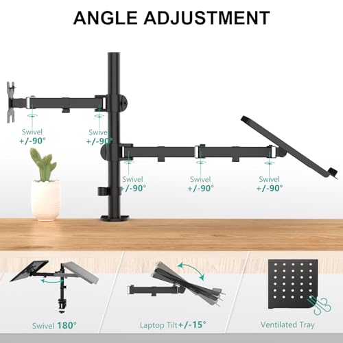 WALI Dual Arm Laptop and Monitor Desk Mount for 17" Notebook and Up to 27" Screen, Fully Adjustable Monitor Arm with Laptop Tray, VESA 75x75 100x100, Holds up to 22 lbs, Black (M001LP) - size: Dual, style: Fully Adjustable Desk Mount