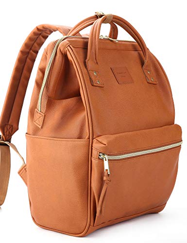 Kah&Kee Leather Laptop Backpack for Women 16 inch Teacher Work Travel Bag | Premium water-resistant PU leather. Fits 15.6″ & 16″ laptops. Anti-theft pocket, luggage strap. Ideal for daily commute. - color: Camel, size: Large