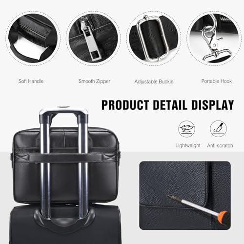 FANDARE Laptop Tote Bag for Men Full Grain Leather Briefcase Business Tote Messenger Handbag - color: Black