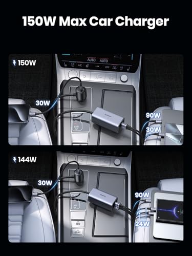 UGREEN 150W USB C Car Charger, PD 3.1 140W Car Charger Adapter Fast Charging 4-Port Cigarette Lighter USB Multi Port Charger Compatible with iPhone 17/16/15, Galaxy S24/S23, iPad, Tablet, Laptop
