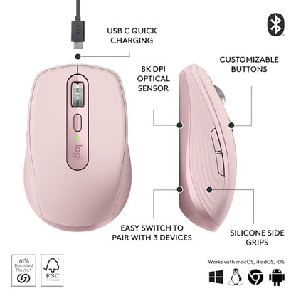 Logitech MX Anywhere 3S Compact Wireless Mouse, Fast Scrolling, 8K DPI Any-Surface Tracking, Quiet Clicks, Programmable Buttons, USB C, Bluetooth, Windows PC, Linux, Chrome, Mac - Rose | 8, 000 Dpi Darkfield, Quiet Clicks, Magspeed Scroll, USB-C Quick Cha