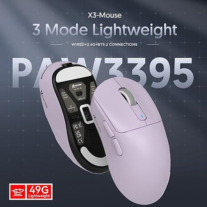 ATTACK SHARK X3 49g Ultra-Lightweight Wireless Gaming Mouse, Purple | Bluetooth 5.2/2.4G Wireless/Wired, PAW3395 Gaming Sensor, 26K DPI, 200h Battery Life, Programmable Buttons for PC/Mac/Win - color: Lavender