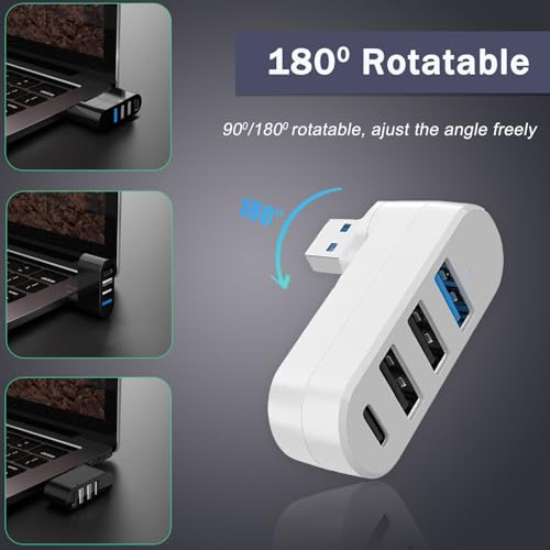 4-Port USB 3.0 Hub [90/180 Rotatable], USB Splitter with 3 USB Ports & 1 USB C Power/Data Port, USB Extender for Laptops, Cars, iMac, MacBook Air, MacBook Pro