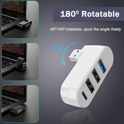 4-Port USB 3.0 Hub [90/180 Rotatable], USB Splitter with 3 USB Ports & 1 USB C Power/Data Port, USB Extender for Laptops, Cars, iMac, MacBook Air, MacBook Pro