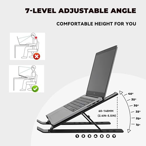 Adjustable Laptop Stand for Desk, Metal Foldable Laptop Riser Holder, Portable Desktop Book Stands, Ventilated Cooling Computer Notebook Stand Compatible with 10-17” Laptops - color: Black