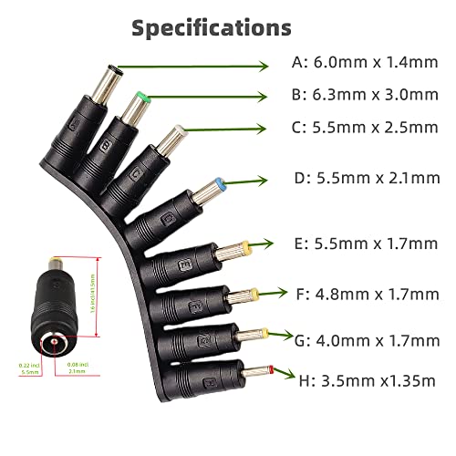 DC Adapter Connector Set - 8 Pack Power Adapter Tips Female 5.5x2.1mm to Male Multi Size Connectors for Monitor Webcam Router Mini PC CCTV Bluetooth Speaker
