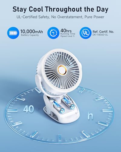 PILSAMAS Clip on Fan Rechargeable, 10000mAh LED Desk Fan with Clamp | Durable ABS plastic shell, Solid metal spring clamp, Great for stroller, Office desk, Camping tent, Treadmill