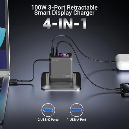 Compact 100W GaN Retractable USB C Wall Charger with Smart Display | Durable Built-in Retractable Cable, Foldable Plug, Compatible Laptop, MacBook, iPhone, Galaxy, Pixel, iPad(Non-Battery)