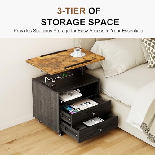 Bedroom Nightstand with Drawers & Charging Station, Adjustable Height Bedside Table with Wheels, Wooden Small Sofa Side Tables with Storage for Living Room, Black Brown - color: [A3] Black & Brown