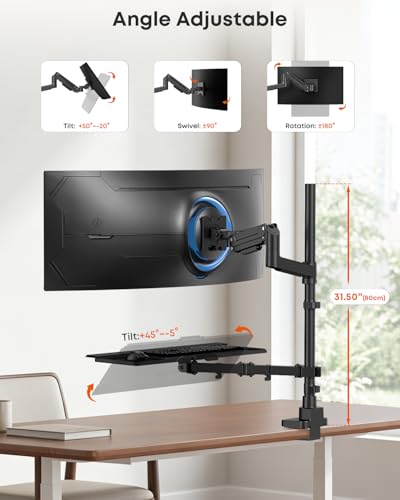 PUTORSEN Heavy-Duty Monitor Arm with Keyboard Tray, Sit-Stand Desk Mount for Up to 49" Screens, 32" Extended Reach Full-Motion Articulating Arm with Pneumatic Spring, C-Clamp & Grommet Mount (Black) - size: 49 Inch