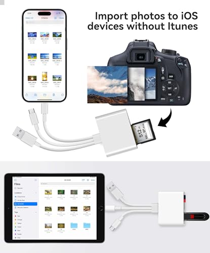 AkHolz SD Card Reader for iPhone iPad Mac Trail Game Camera Viewer Built-in 3-in-1 Connector (Lightening, USB-C and USB-A) with SD MicroSD USB-A 3 Slots, Portable No App Required Plug & Play - White - size: 3 in 1 built-in cords (Lightening&USB-C&USB-A)