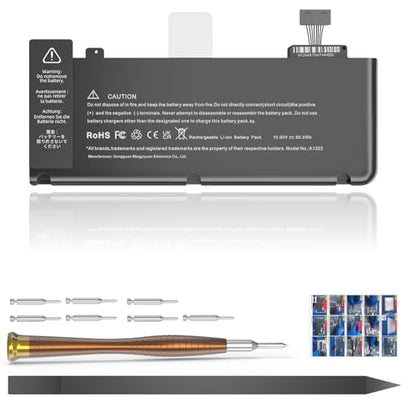 A1278 Battery Replacement, A1322 Battery for MacBook Pro 13 Inch (Mid 2012 2010 2009 Early 2011 Late 2011) Improved Capacity 10.95V 6000mAh 65.5Wh (A1278 A1322 Battery & Tool Set)