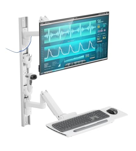 Mount Plus MED10 Medical Monitor Wall Mount with Folding Keyboard Tray and Mouse Pad | Scanner Holder | Heavy Duty Height Adjustment Folding Design for 17"-49" Monitor On Wall Track Up to 44 lbs