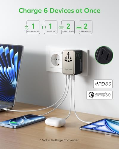 MOMAX 6-in-1 Universal Travel Adapter, GaN 100W International Power Adapter, 2 AC, 2 USB-C PD Fast Charging & 2 USB-A QC, All-in-one International Plug Adapter for Travel European UK AUS JP - color: Titanium, size: 100W