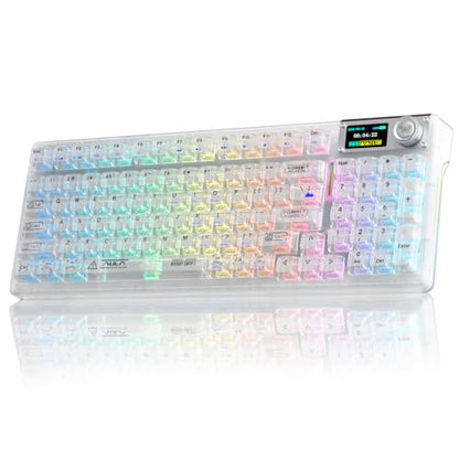 Aula F98Pro V3 Wireless Mechanical Keyboard with Screen & Knob,Tri-Mode Hot Swappable Computer Keyboards,10000mAh Battery,Clear Keycaps RGB Backlit Gasket Mount White Gaming Keyboard for PC/Office - color: White