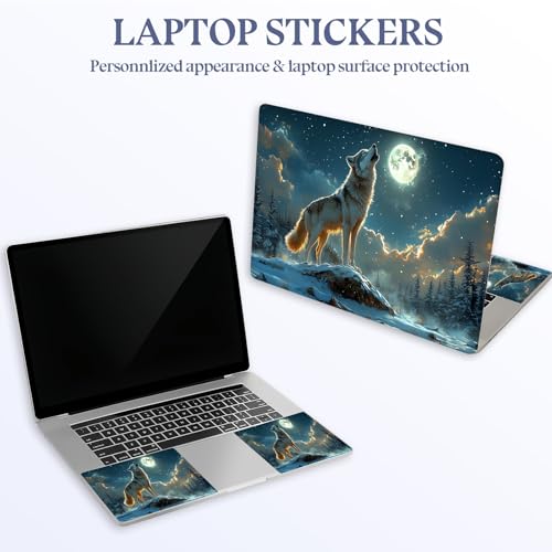 Universal Laptop Skin Sticker Decal,15.6 Inch Laptop Vinyl Cover for 13" 14" 15.6" Laptop,Scratch-Resistant Waterproof Protector Wrap,Reusable with Wrist Pads,Moon Wolf Snow Howl - color: Moon Wolf Snow Howl