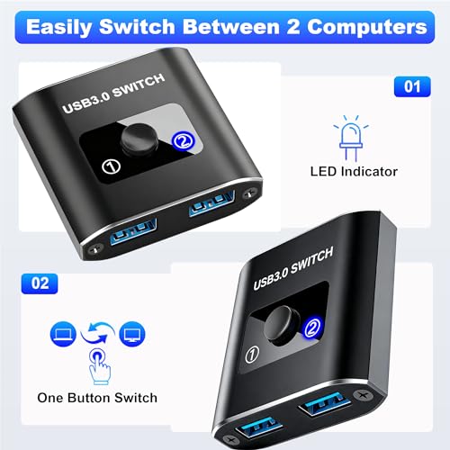 USB 3.0 Switch, Bi-Directional USB Switch 1 in 2 Out/ 2 in 1 Out, Aluminum USB Switcher 2 Computers Share USB Devices for Printer, Keyboard, Scanner, Mouse - Compatible with Mac/Win/Linux