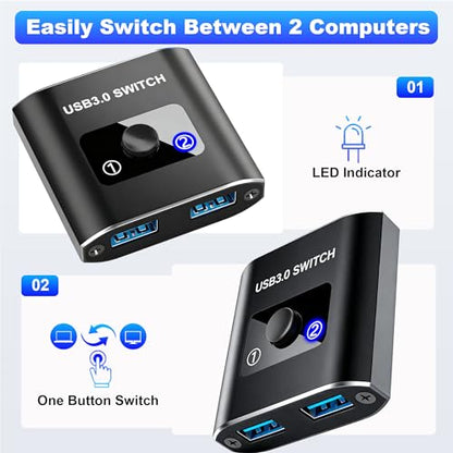 USB 3.0 Switch, Bi-Directional USB Switch 1 in 2 Out/ 2 in 1 Out, Aluminum USB Switcher 2 Computers Share USB Devices for Printer, Keyboard, Scanner, Mouse - Compatible with Mac/Win/Linux