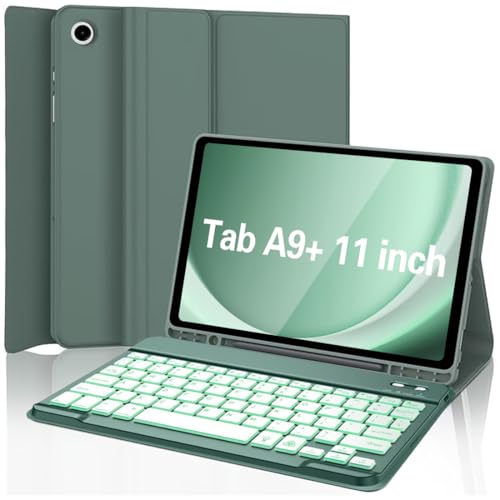 Case Keyboard for Galaxy Tab A9 Plus 5G 11 Inch 2023 (SM-X210/X216/X218), 7 Color Backlit Detachable Tablet Keyboard Cover with S Pen Holder for Samsung Galaxy Tab A9+ 11" (Dark Green) - color: Green