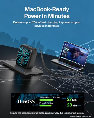 Belkin Marvel Spider-Man 67W USB C Retractable Charger Block Fast Charging | 3.3ft Retractable Cable, USB C Port, iPhone 17, Galaxy S26, AirPods, iPads, MacBook, Travel Charger, Charge Up to 2 Devices - color: Spider Man, style: 67W