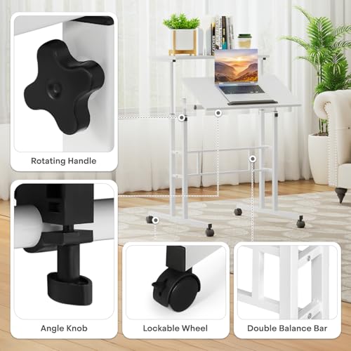 Athena Collection Rolling Standing Desk Small Mobile Table, White | 4 Lockable Wheels, Engineered Wood Split Top, Adjustable Height for Home Office Computer Workstation - color: White