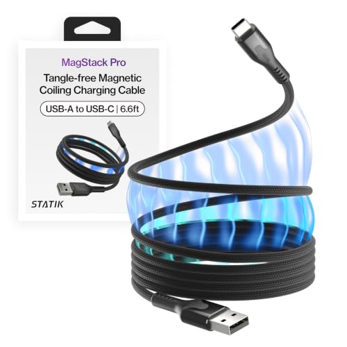 Statik MagStack USB A to USB C Coiling Magnetic Charging Cable, 27W | Nylon Braided Tangle-Free Design, Magnetic Coiling, Data Transfer, Compatible with iPhone & Android, 6FT Black - color: Black, size: 6ft, style: USB-A to USB-C