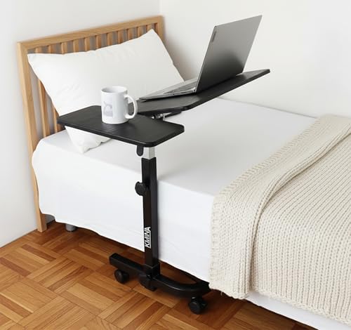 KMINA Overbed Table with Wheels, Hospital Bed Table, Tilting, Adjustable Height, Wood and Steel, C Shaped Side for Home Use Swivel, Black - color: Black