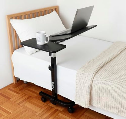 KMINA Overbed Table with Wheels, Hospital Bed Table, Tilting, Adjustable Height, Wood and Steel, C Shaped Side for Home Use Swivel, Black - color: Black