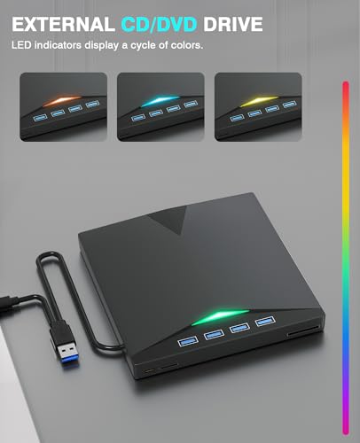 External CD/DVD Drive for Laptop PC,8 IN 1 LED Portable DVD Drive CD Burner CD-ROM DVD-/+RW Writer Reader with TF/SD Card Slots,USB 3.0 DVD Drive External,Compatible with Mac,Windows 11/10/8/7 (Black) - color: Black