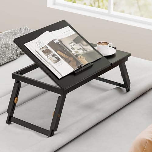 Giantex Bamboo Laptop Desk for Bed, Adjustable Serving Tray Breakfast Table with Tilting Desktop, Folding Lap Tray with Removable Stopper, Cooling Holes & Small Side Drawer (Black) - color: Black