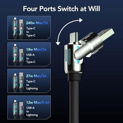 MFish 240W 4-in-1 Charging Cable with Carrying Case, 10FT Fast Charger USB-A & USB-C to USB-C/Lightning, for iPhone 17/16/15/14, MacBook, iPad, Samsung S25/S24 (Black) - color: Black, size: 10FT