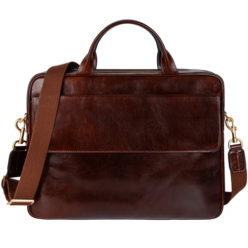 Time Resistance Leather Briefcase - Italian Handmade Leather Laptop Bag - Handbag for Men - Professional Computer Case - color: Brown