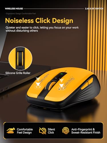 FMOUSE Wireless Mouse, Bluetooth & 2.4GHz Dual Mode, No Charging Needed (AA Battery), Silent Click, Side Shortcut Keys, 4-Level DPI, Compact for MacBook Laptop iPad PC – Yellow & Black - color: Yellow and Black