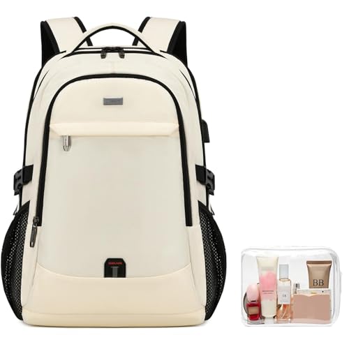 17 Inch Laptop Backpack for Travel Water Resistant College Backpack for Women Laptop Bag with USB Charging Port and Clear Toiletry Bag Work Backpack,Beige A - color: 30191 Beige With Clear Toiletry Bag